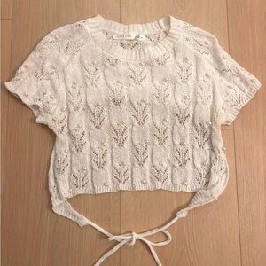 Altar'd State White Scallop Knit Pearl-Embellished Tie-Back Cropped Top